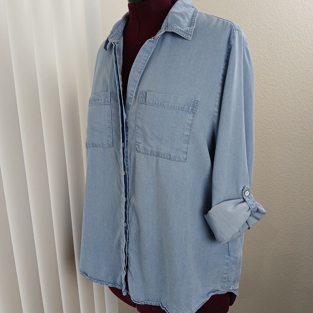 Lola River Chambray Shirt XL blue denim Tencel Lyocell blouse roll sleeve button - Picture 2 of 13